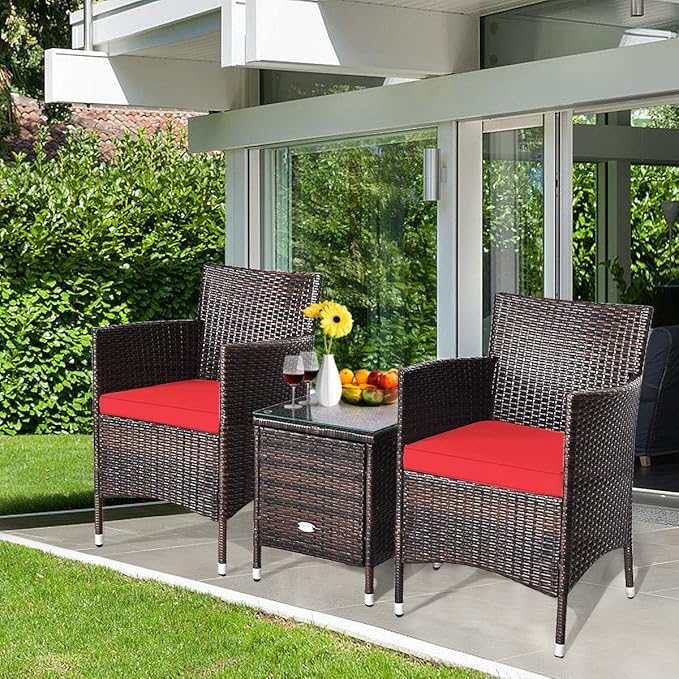 HAPPYGRILL 3-Piece Patio Furniture Set Outdoor Rattan Wicker Conversation Set with Coffee Table Chairs & Thick Cushions Bistro Sets for Patio Garden Lawn Backyard Pool