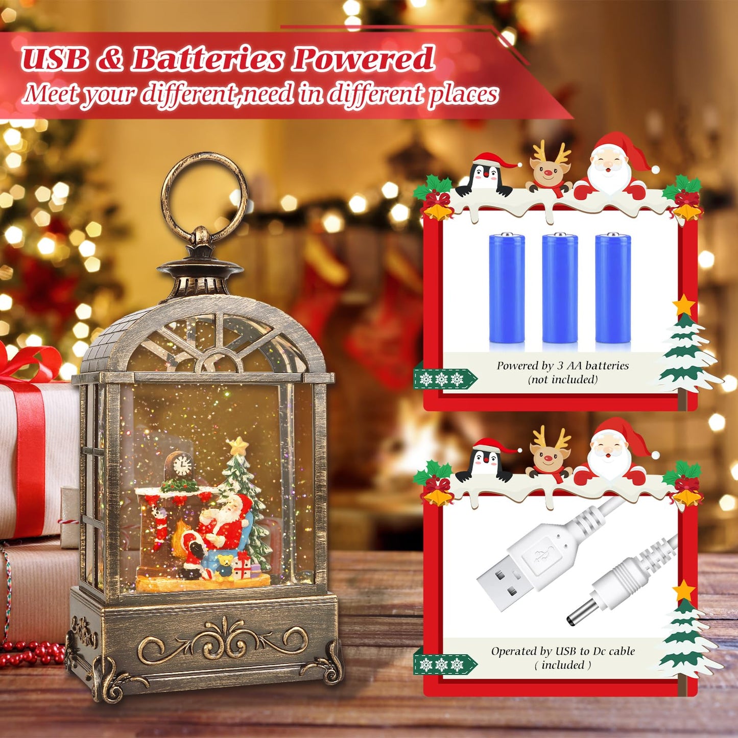 LSISOVO Christmas Snow Globes Lantern,Musical Snow Globe,Christmas Decorations Indoor for Home,Battery Or USB Powered,with 6 Hour Timer,Christmas Lantern for Festival Decoration,Santa Claus