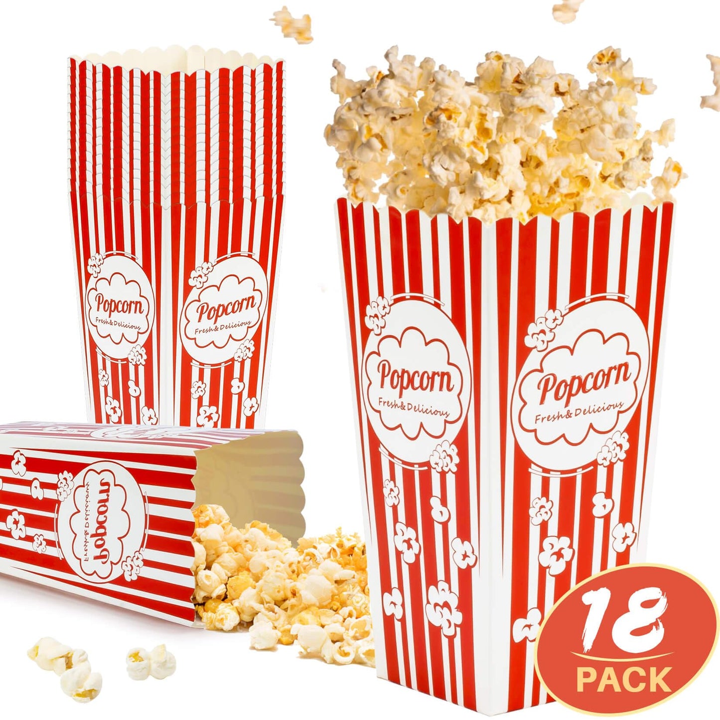 MAQIHAN 18 Popcorn Boxes Easy Assembly - 46oz Square Popcorn Bowls Square Buckets Containers Tub Paper Cups Holders Disposable Halloween Carnival Christmas Movie Night Kids Party Individual Servings