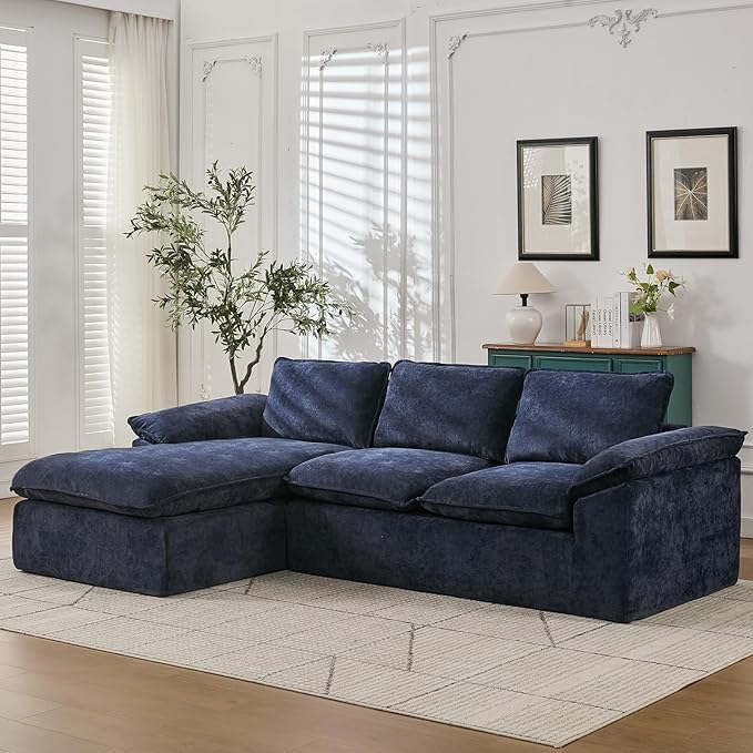 YAAREE 105.6”L Shape Modular Sectional Couch for Living Room, Modern Cloud Sectional 3 Seat Sofa with Oversized Chaise, Woven Texture Upholstery Boneless Couch (Blue, Left Facing Chaise)