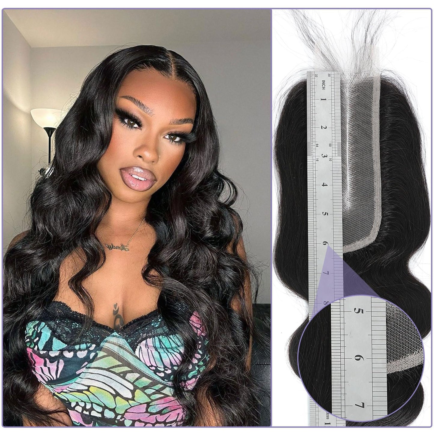 DSEKCAIN 2x6 HD Lace Closure Body Wave Transparent Lace Closure Middle Part Long Parting 100% Raw Virgin Human Hair Natural Blac