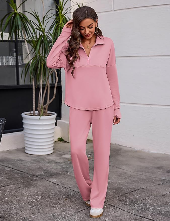 Totatuit Womens Sweatsuits 2 piece Set Lapel Half Zip Lightweight Sweatshirts and Wide Leg Pants Tracksuit Lounge Sets