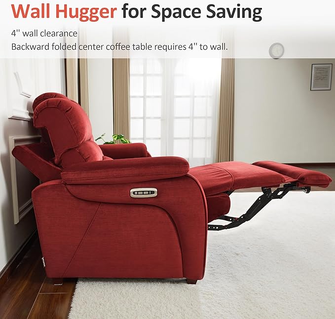MCombo 87.2'' Wall Hugger Power Recliner Sofa with Drop Down Table, Reclining Sofa with Adjustable Headrest, USB Charge Ports, Reading Lamp, for Living Room, RVs, Fabric, ST258M3 (3-Seater, Burgundy)