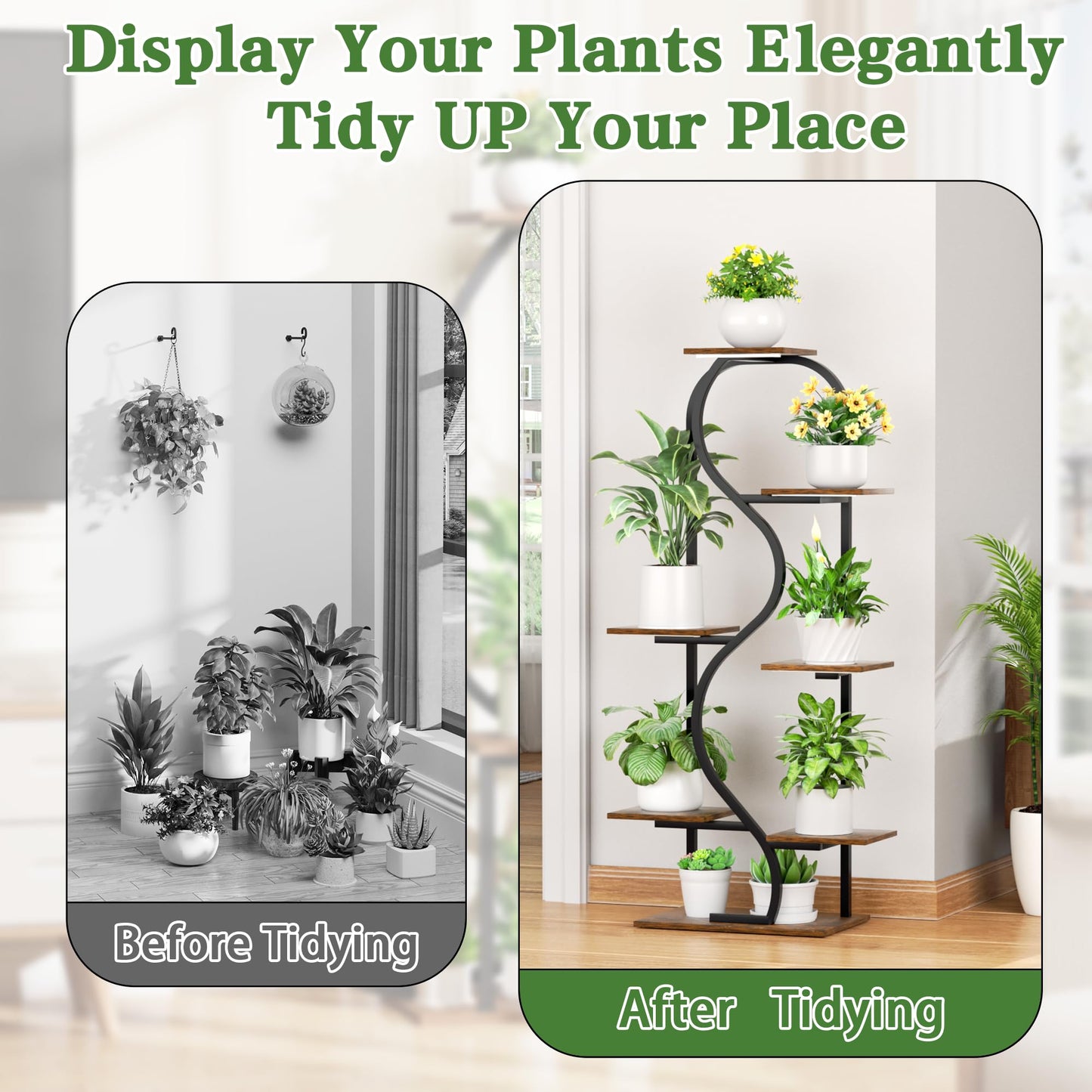 Plant Stand Indoor with Grow Lights - 48" Tall Plant Shelf Indoor, 7 Tiered Corner Plant Stands for Indoor Plants, Lighted S-Shaped Flower Holder Stand, Display Rack for Living Room, Balcony（Black)