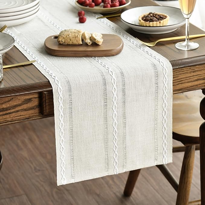 Artoid Mode Beige Rustic Cotton Linen Table Runner, Seasonal Embroidered Hollow Kitchen Dining Table Decoration for Home P...