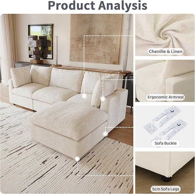 Cloud Couch Modular Sectional Sofa,100.5" U Shaped Couch, Oversized Convertible Wide Seater,3 Seater with 2 Ottomans for Living Room Set, Covers Washable&,Beige