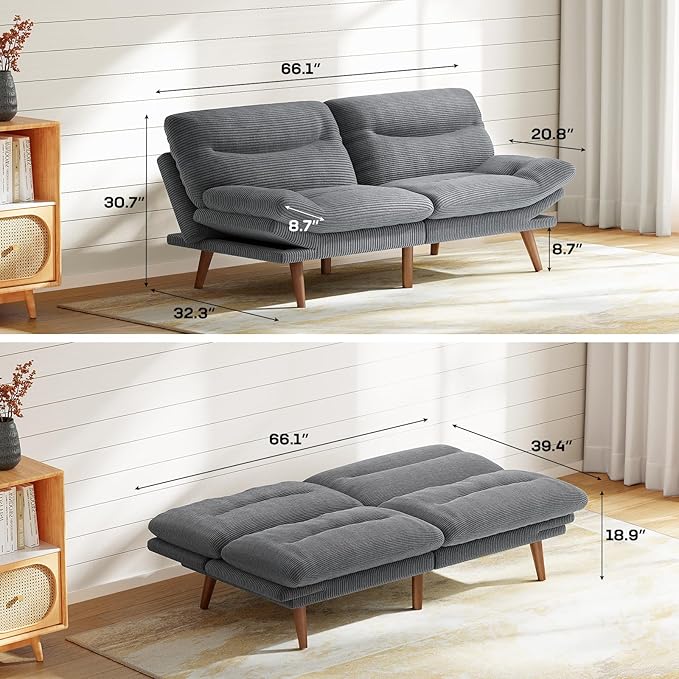 Marsail Futon Sofa Bed, 66.1” Futon Couch with Adjustable Backrest & Armrests, Convertible Small Sleeper Sofa Bed for Small Apartments, Study Room, Office, Corduroy Loveseat, Grey