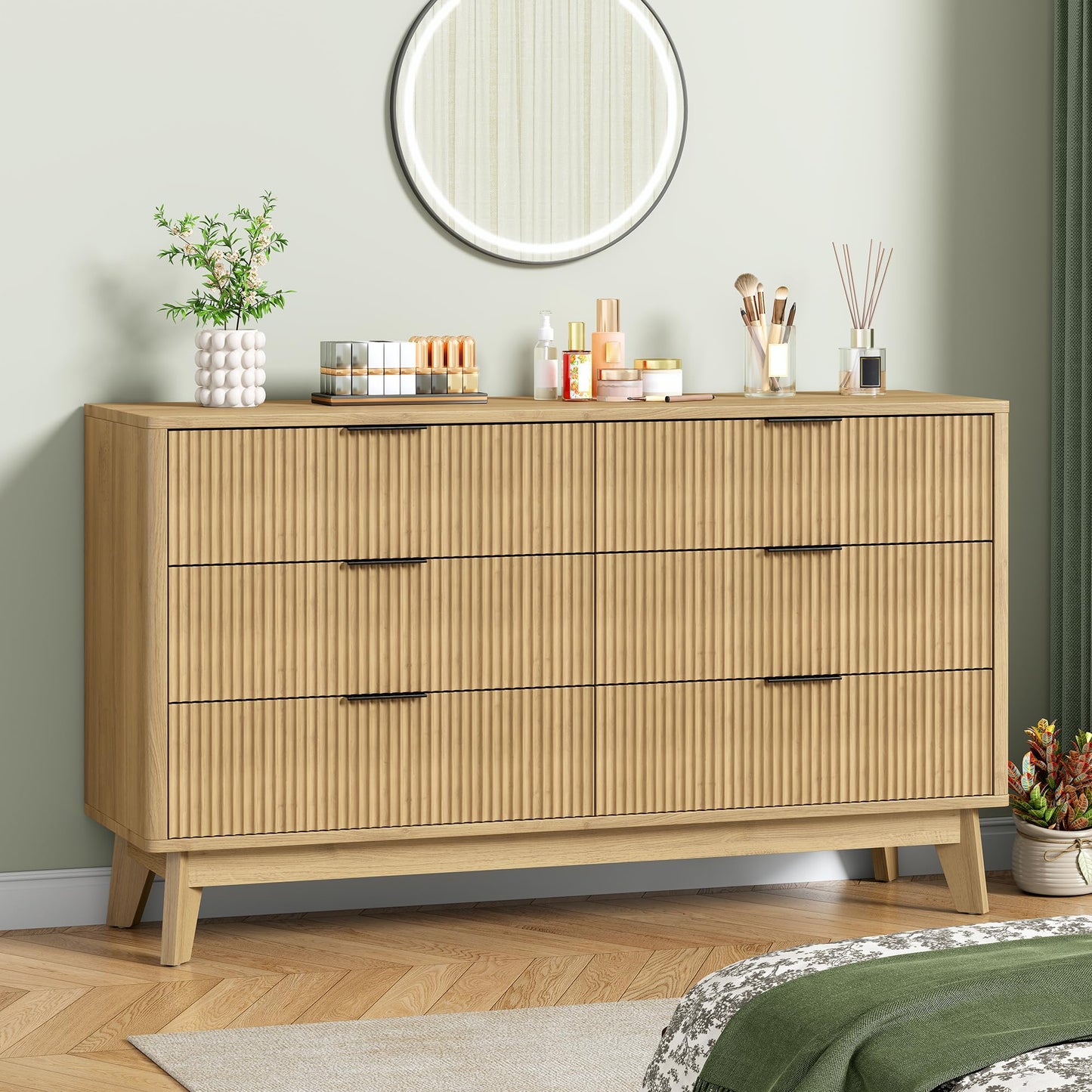 Furniouse 54''W Fluted 6 Drawers Dresser for Bedroom, Wide Modern Chest of Drawers Closet Organizer, Wood Dresser TV Stand for Living Room, Natural
