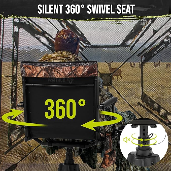 HUNTSEN 360° Silent Swivel Hunting Chair for Blinds - Stable Portable Ground Blind Chair Adjustable 4 Legs & Seat Height Folding Outdoor Fishing Seat with Anti-Sink Feet Armrest - Supports 330lbs