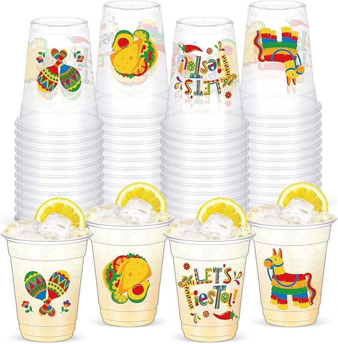 Yaomiao 50 Pcs Fiesta Cups Plastic Mexican Cups Bulk Disposable Margarita Glasses 12 oz Cinco De Mayo Fiesta Drinkware for...