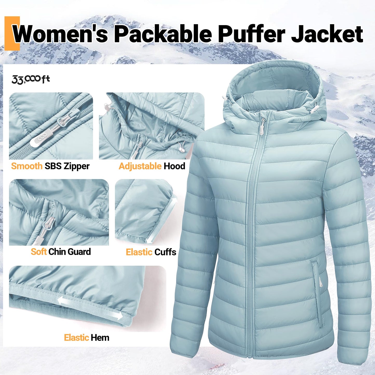 33,000ft Women's Hooded Packable Puffer Jacket Lightweight Warm Puffy Quilted Winter Coat
