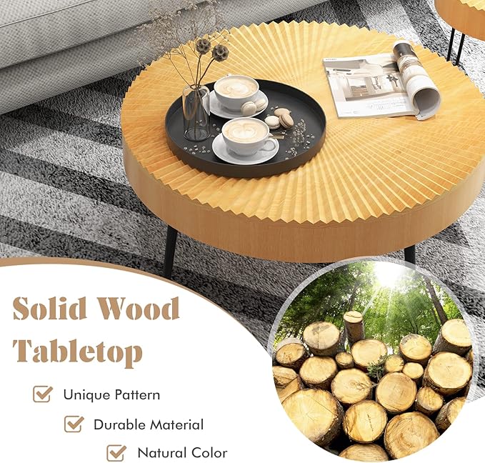 Giantex Boho Round Coffee Table Set of 2, Sofa Side Nesting Table with Solid Pine Wood Top, Metal Legs & Adjustable Foot Pads, 31.5" D Large Table Set for Living Room (Radial Pattern, Natural)