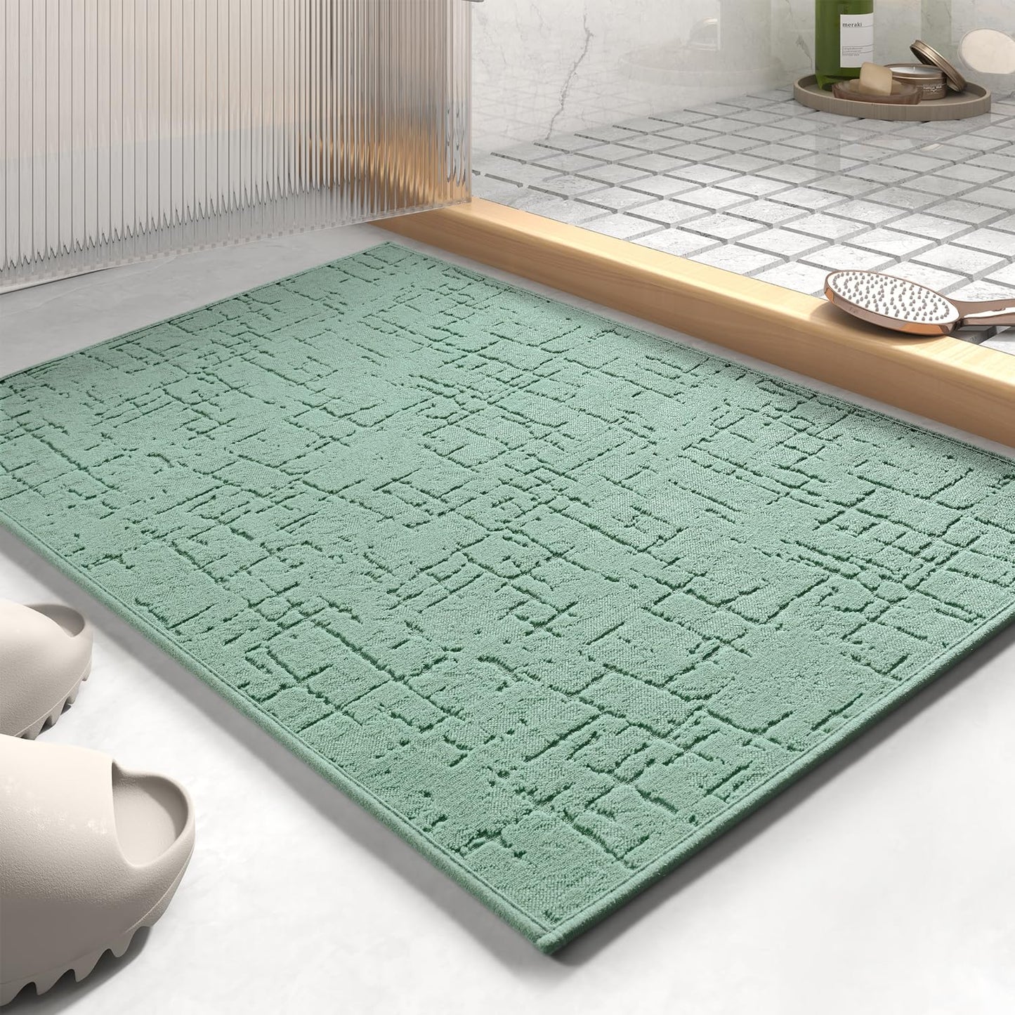 AMOAMI-Bath Mat-Absorbent Quick Dry Bathroom Floor Mats-Washable Rubber Backing Bath Mats for Bathroom Rugs Fit Under Door-Bath Rug for in Front of Sink Bathtub Shower Room, Moss 17''x24''