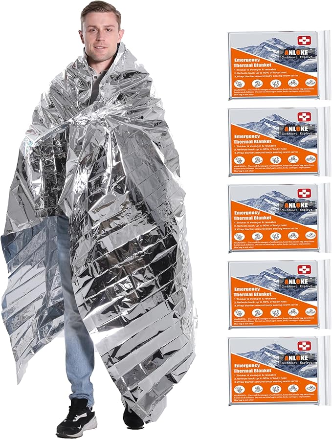 ANLOKE Emergency Blankets Mylar Thermal Blanket-(5 Pack) of Gigantic Space Blanket 82 * 64 in. Survival Blankets Heavy Dut...