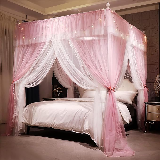VETHIN 4 Corners Post Ruffle Princess Bed Canopy Curtain-Double Layer Cozy Drape Netting 4 Opening Mosquito Net for Girls ...