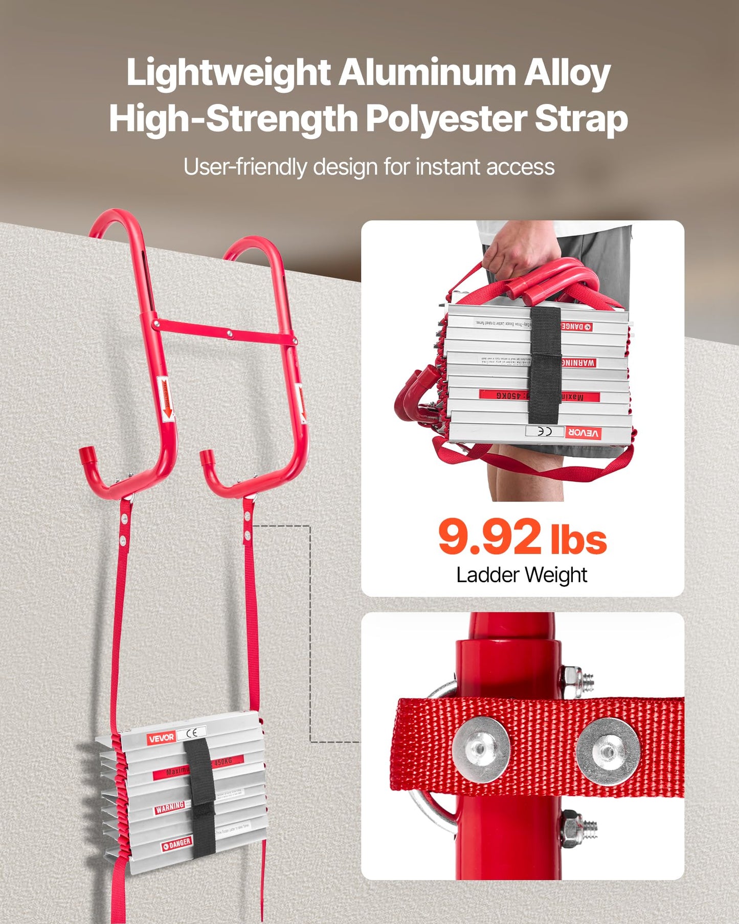 VEVOR Fire Escape Ladder, 2-Story 13FT Retractable Emergency Fire Ladder, Lightweight Aluminum Alloy Safety Escape Ladders with Sturdy Polyester Strap, Anti-Slip Rung & Wide Steps, 1000LBS Max Loading