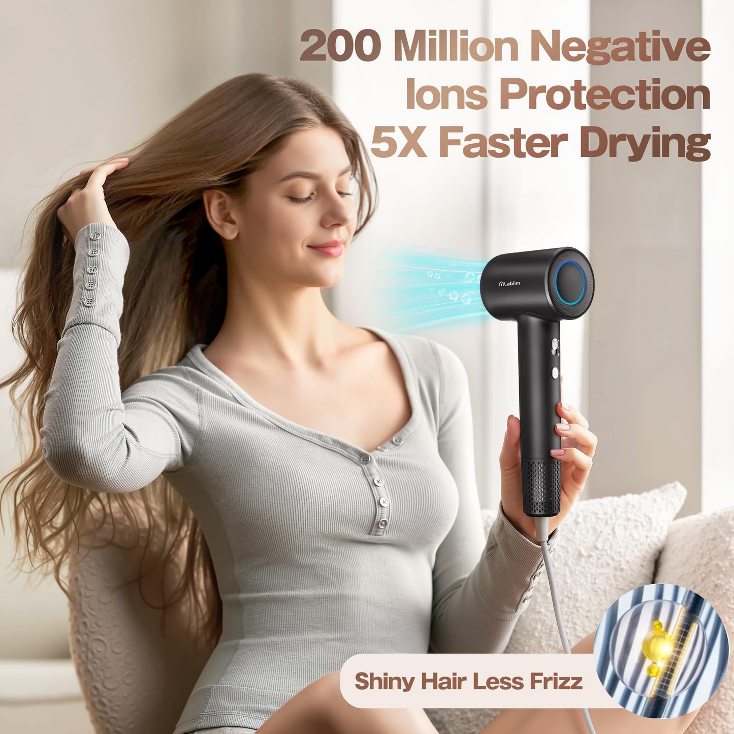 Labiim Hair Dryer, High-Speed Ionic Low Noise Blow Dryer with Brushless Motor for Fast Drying, Thermo-Control Quiet Compact Hair