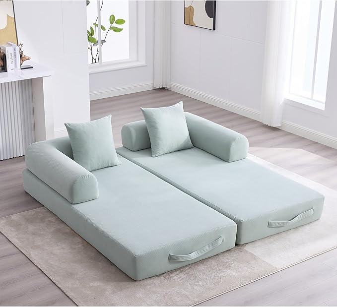 ZEIINPA Convertible Sleeper Sofa Bed, Folding Floor Sofa Bed with Fixed-Shape Frame, Corduroy Floor Sleeper Sofa with Storage Pocket, Futon Boneless Sofa Couch for Living Room, Mint Blue