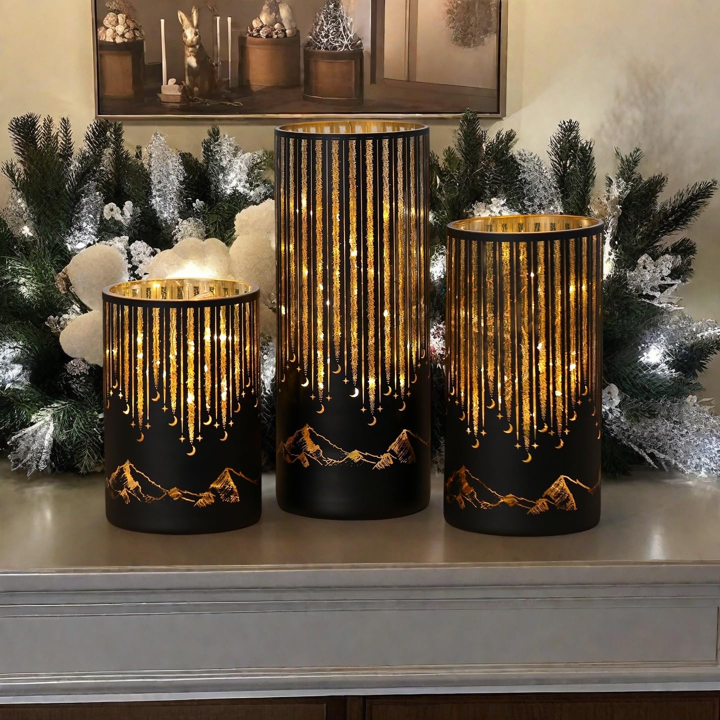 Ashroder Set of 3 Illuminated Starry Night Hurricanes with Remote Timer, Glass Votive Pillar Candle Holders, Removable LED String Lights Candles for Centerpiece Table Halloween Christmas Decor(Black)
