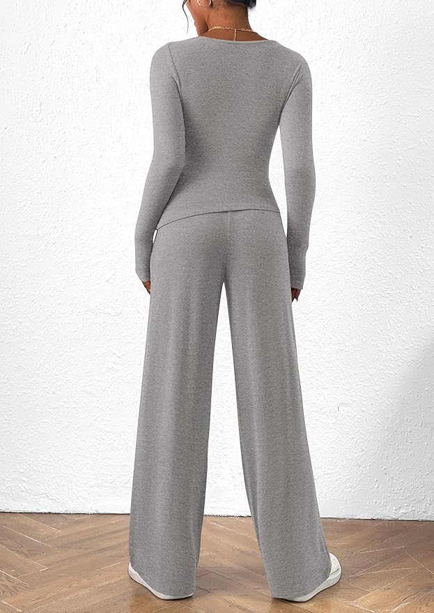 PRETTYGARDEN Women's 2 Piece Lounge Sets Asymmetrical Long Sleeve T Shirt Wide Leg Pants Casual Outfits Tracksuit