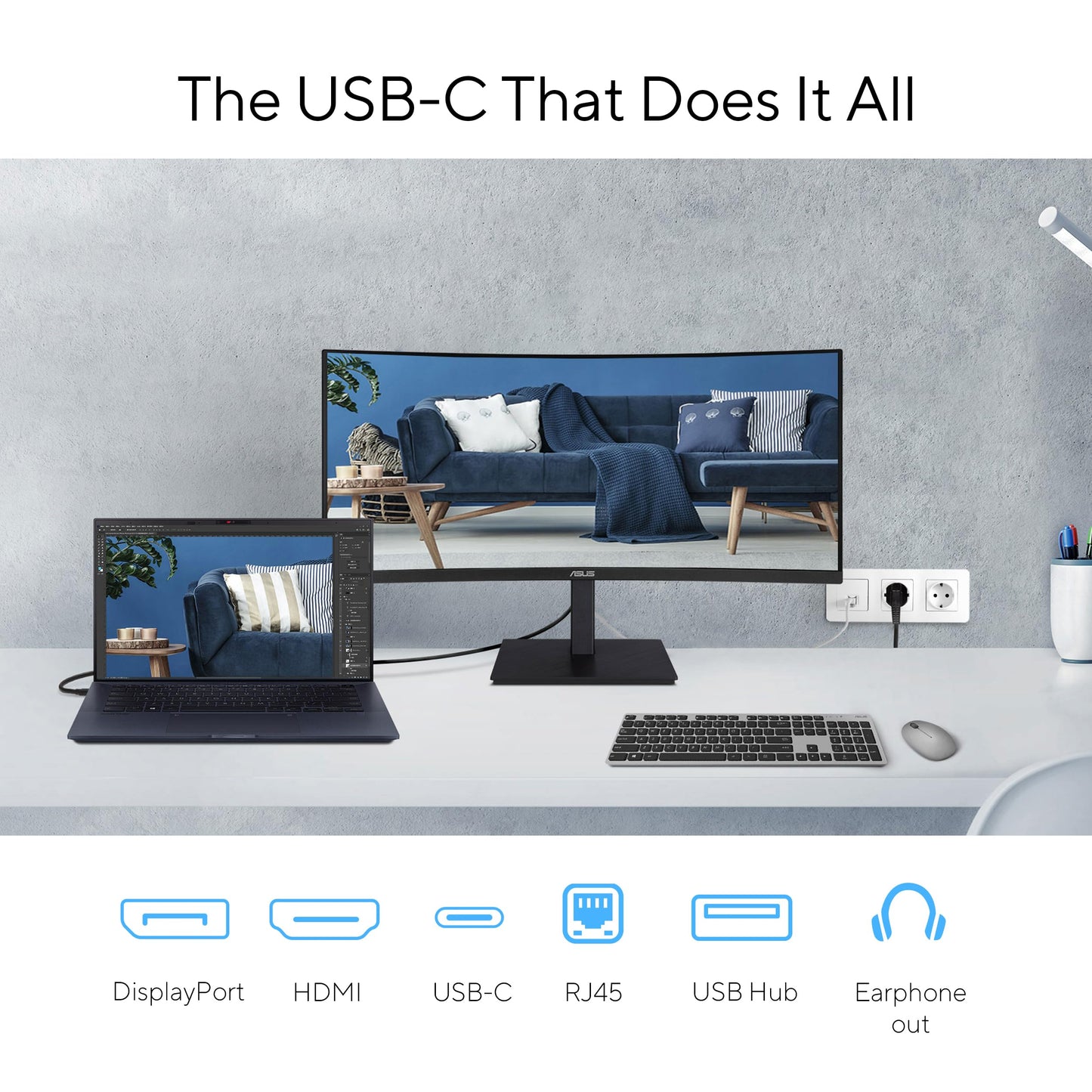 ASUS 34” Curved USB-C Docking Monitor (VA34VCPSR) - WQHD (3440x1440), 1500R Curvature, Frameless, USB-C PD 96W, RJ45, USB hub, Eye Care, Ergonomic, VESA Wall Mountable, 3 yr Warranty