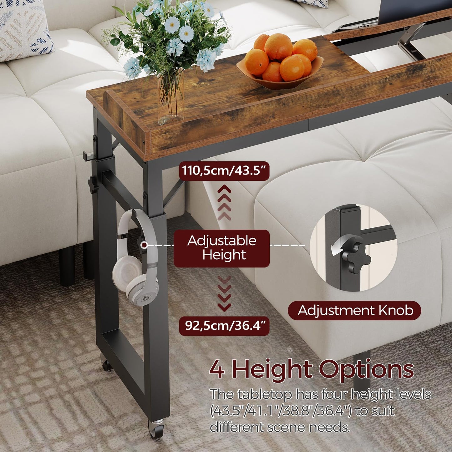 MAHANCRIS Overbed Table with Wheels, Adjustable Height Rolling Table, Mobile Bed Desk for Queen Bed, Computer Desk with Tilt Stand, Bookshelf, Cup Holder, Hooks, Rustic Brown MTHR18101