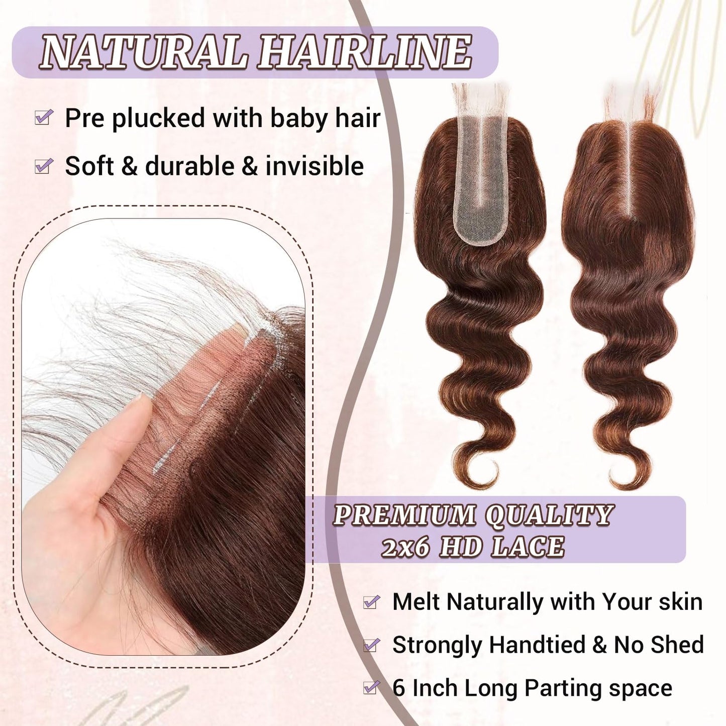 DSEKCAIN 4# Chocolate Brown Color Body Wave 2x6 HD Lace Closure Human Hair Transparent Lace Closure 2x6 Long Middle Part 100% Ra