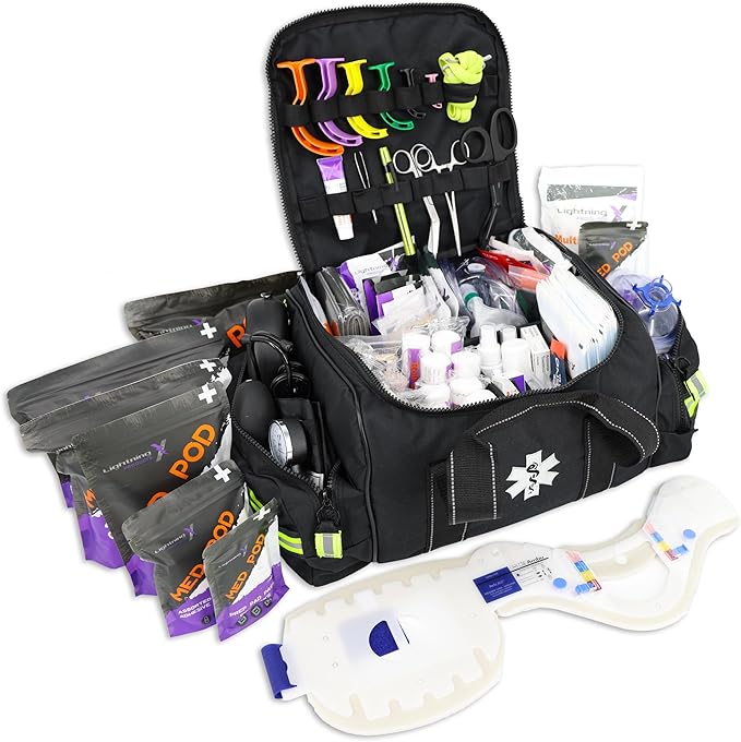 Lightning X Products Lightning X Pre-Stocked EMS/EMT Trauma Kit w/ Large First Responder Bag & 256 Aid Medical Supplies - ...