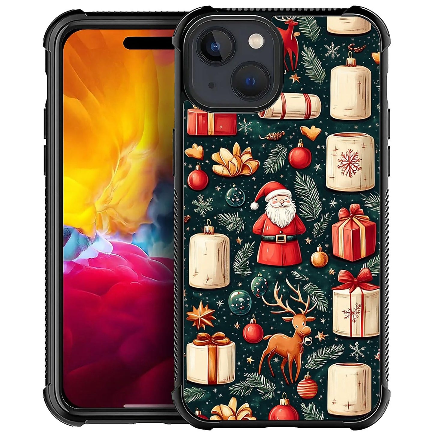 XUANWENPA for iPhone 14 Case,The Black Shell Design is Bright,Anti Drop and Dust-Proof,Christmas Abstract Gift Box and Old Man.