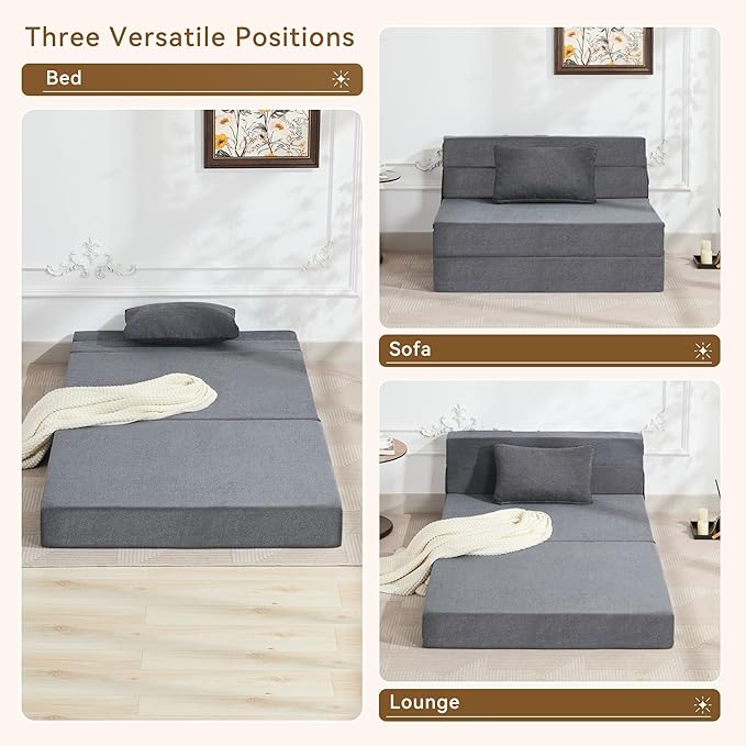 WUTUTUEE Folding Sofa Bed Convertible Floor Couch Foldable Chair Bed with Pillow，Linen Sleeper Chair Futon,Foldable Memory Foam Mattress for Bedroom/Living Room/Dorm/Office (Dark Grey, Standard)
