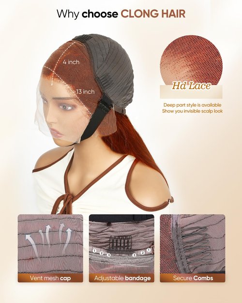 Ginger Orange Body Wave HD Lace Frontal Wigs Human Hair，200% Density 350# 13X4 Lace Front Wigs Human Hair Pre Plucked for Women 18inch