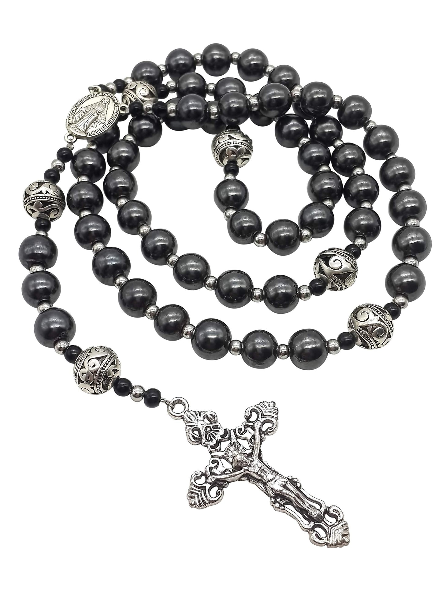 Nazareth Store Hematite Rosary Black Stone Beads Necklace Metal Beaded Miraculous Medal & Cross Rosary For Men and Womens NS