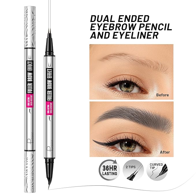 Pudaier 2 Pack 2 Fine Tip Eyebrow Pen, Waterproof Filling Faux Brow Makeup Pencils for Women with Precise Curved Brush-Tip to Fast Create Natural Hair-Like Brows, Last All-Day (Charcoal Grey)