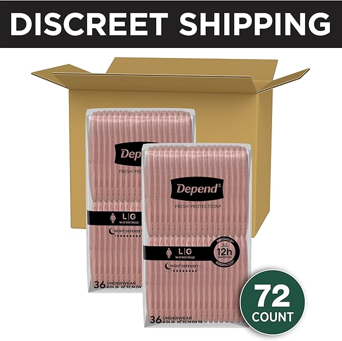 Depend Night Defense Adult Diapers, Incontinence & Postpartum Bladder Leak Underwear for Women, Disposable, Overnight, Large, Blush, 72 Count, Packaging May Vary