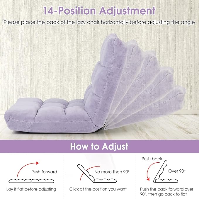 MAT EXPERT 14-Position Floor Chair, Floor Gaming Chair w/Soft Coral Fleece, Alloy Steel Frame, Padded Lazy Couch Recliner, Floor Chair w/Back Support for Reading, Meditating (Light Purple)