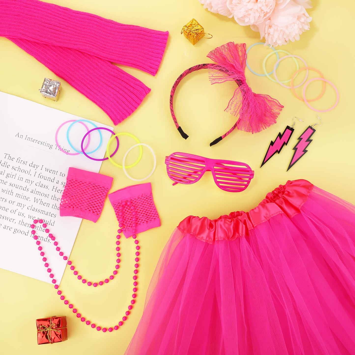 SOMSOC 80s Outfit Costume Accessories for Women, Neon Tutu Headband Necklace Gloves Eyeglasses Leg Warmer for 80s Theme Party