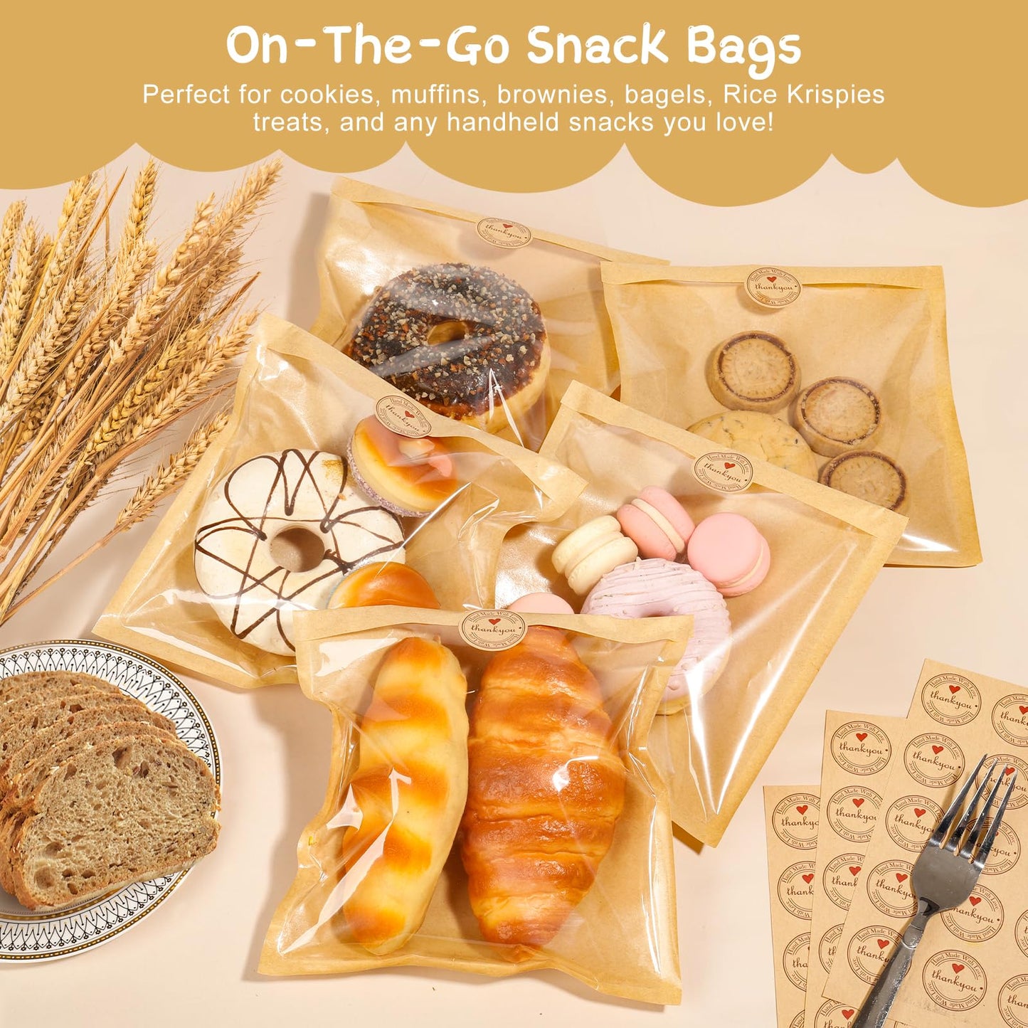 SUREHOME Paper Sandwich Bags 100 Pcs 7.1 X 7.5 In Kraft Brown Paper Bags with Window Individual Heat Seal Bakery Bag with Sticker Cookie Bag for Party Favors Snacks Treats Bread Baked Goods Packaging