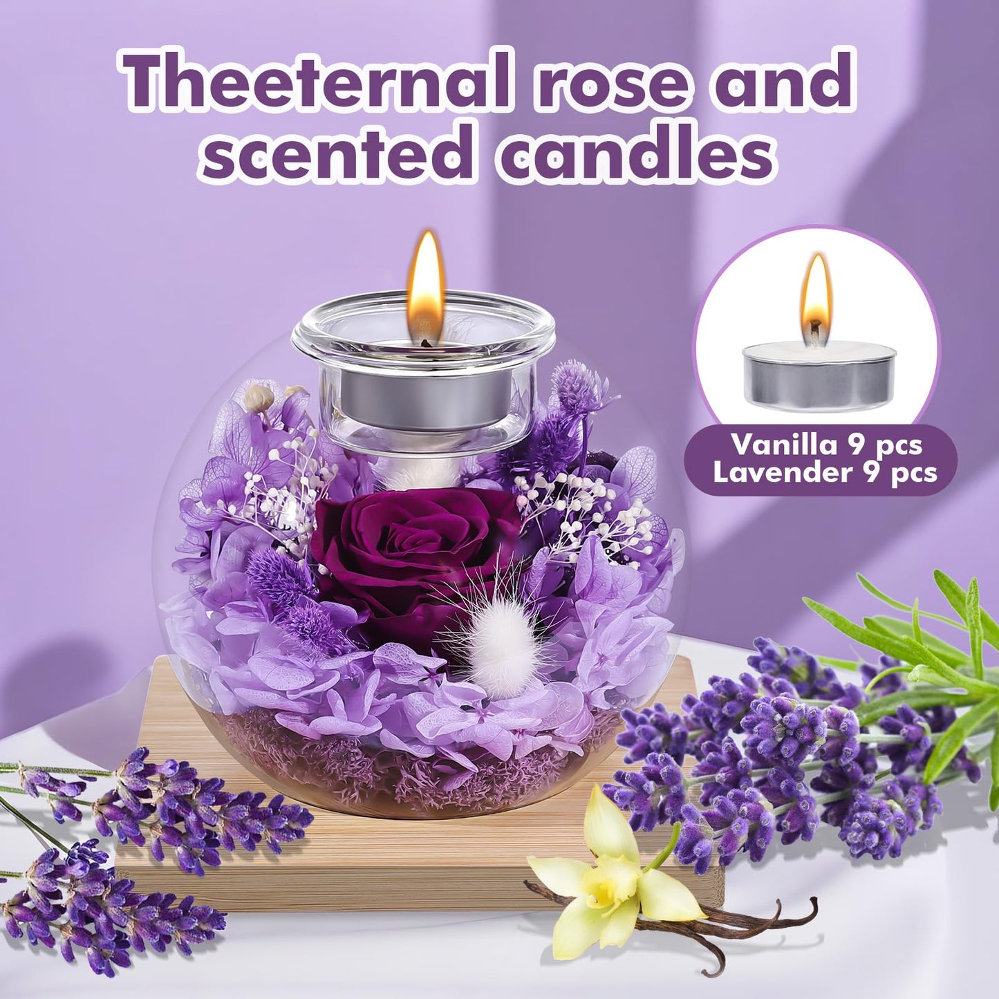 Preserved Roses - Birthday Gifts for Her, Preserved Flower in Glass Dome with Scented, Romantic Gifts for Women, Wife, Girlfriend on Birthday, Anniversary, Thanksgiving Day, Christmas Day-Purple