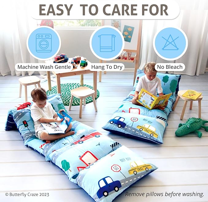 Butterfly Craze Floor Pillow Case - Reading Nook Lounger & Floor Bed - Portable Sleeping Pad for Travel & Camping - 5-Pocket Customizable Design for Ground Cushions - King Size, Cars Blue