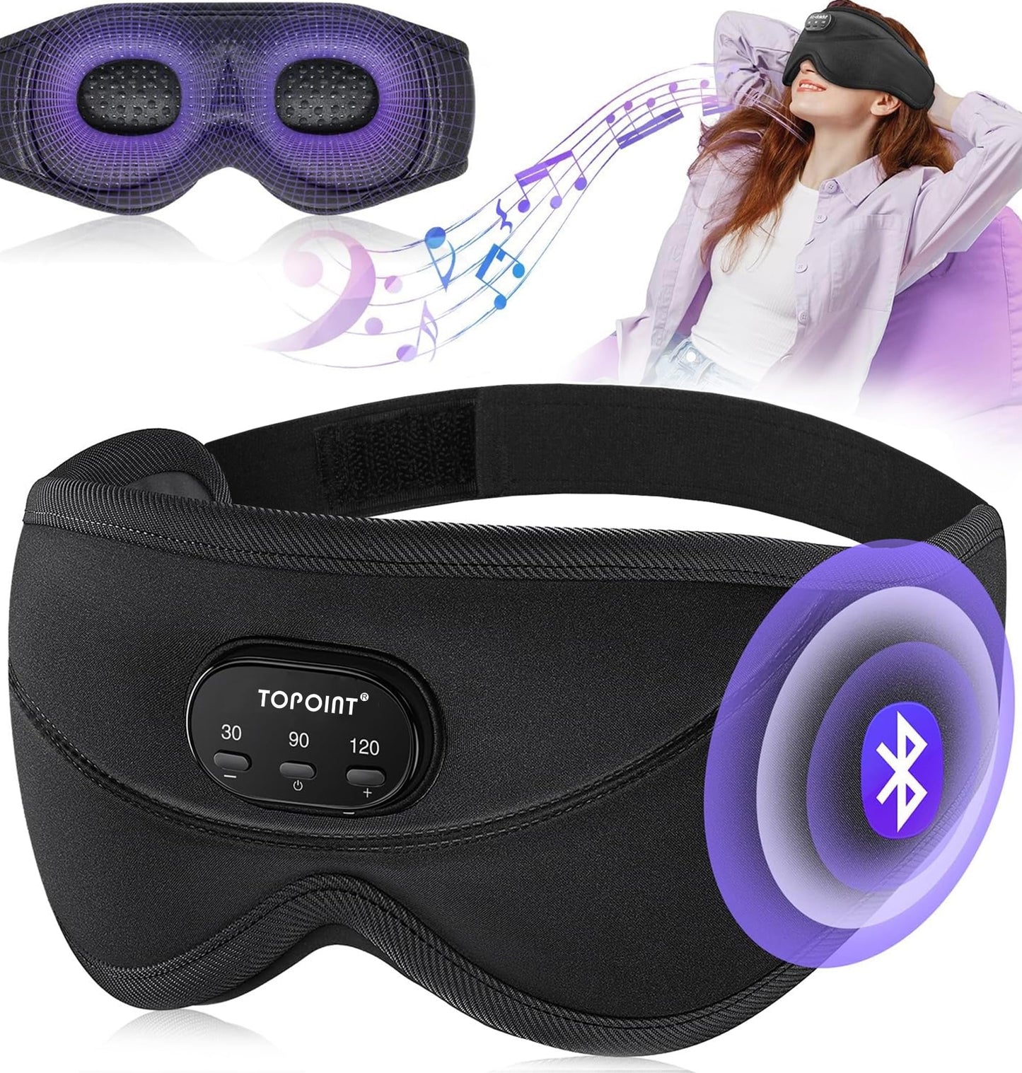 TOPOINT Sleep Mask with Bluetooth Headphones, 3D Eye Mask for Sleep Headphones with White Noise, Total Blackout, 5.4 Bluetooth, Timer, 15 Hours for Women Men, Travel, Meditation, Nap, CPAP Users