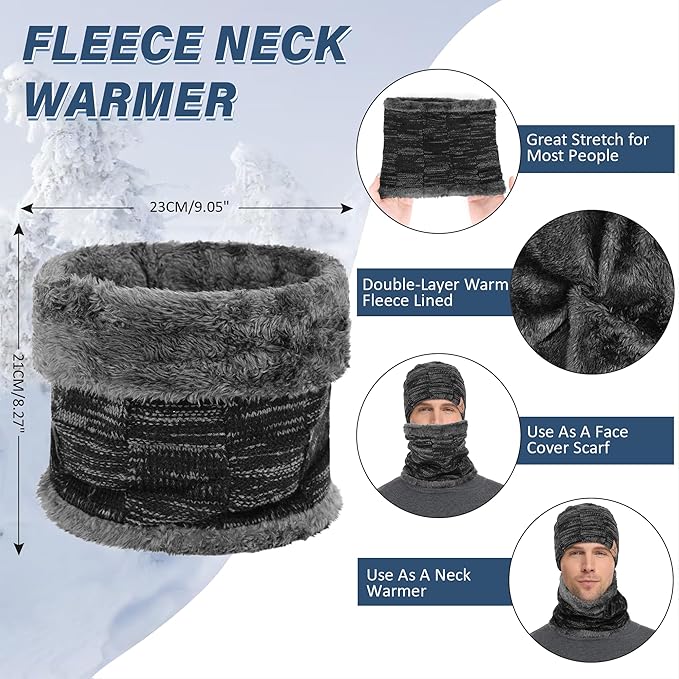 Mens Winter Beanie Hats Scarf Set Warm Knit Skull Cap Neck Warmer with Fleece Lined Winter Hat for Women