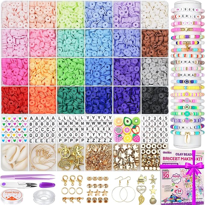 Gionlion 6000 Clay Beads Bracelet Making Kit, 24 Colors Flat Preppy Beads for Friendship Bracelets, Polymer Clay Bead with...