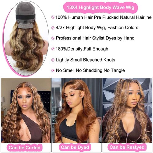 SKYDO Highlight Honey Blonde HD Lace Front Wig 180 Density 4/27 Ombre Body Wave Lace Front Wigs Human Hair Pre Plucked with Baby Hair 13x4 Lace Front Wigs for Women 30inch