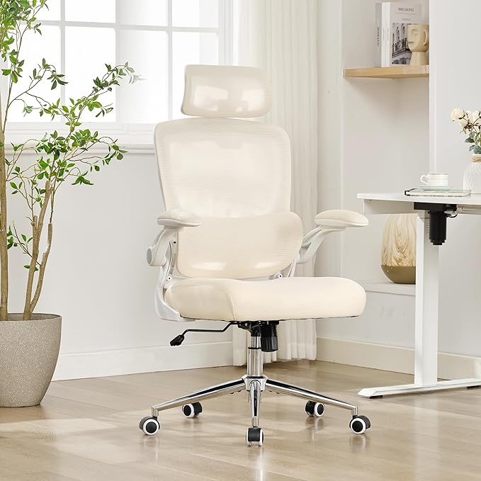 BOWTHY Ergonomic Office Chair,Home Mesh Office Desk Chairs,High Back Chair 330 LBS,Swivel Computer Task Chair with Adjustable Lumbar Support,Up&Down Flip-Up Arms,Rocking Function (Beige)