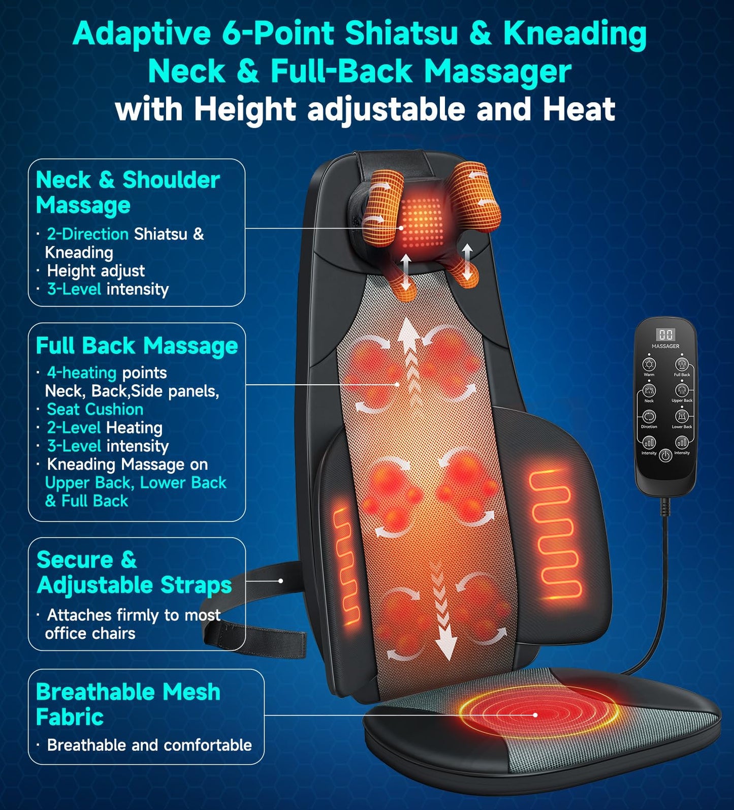 Back and Neck Massager for Chair with Heat, Shiatsu Shoulder Massage Seat Cushion with Finger-Grip Neck Kneading, Full Back Deep Tissue Rolling, Seat Pad, Adjustable Height, Office & Home Use, Black
