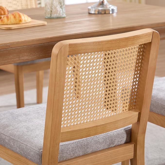 LukeAlon Set of 6 Mid Century Dining Chairs - Farmhouse Kitchen Chairs with Woven Cane Back, Plush Chenille Upholstered Seat, Solid Wood Legs for Dining Room & Breakfast Nook, Grey