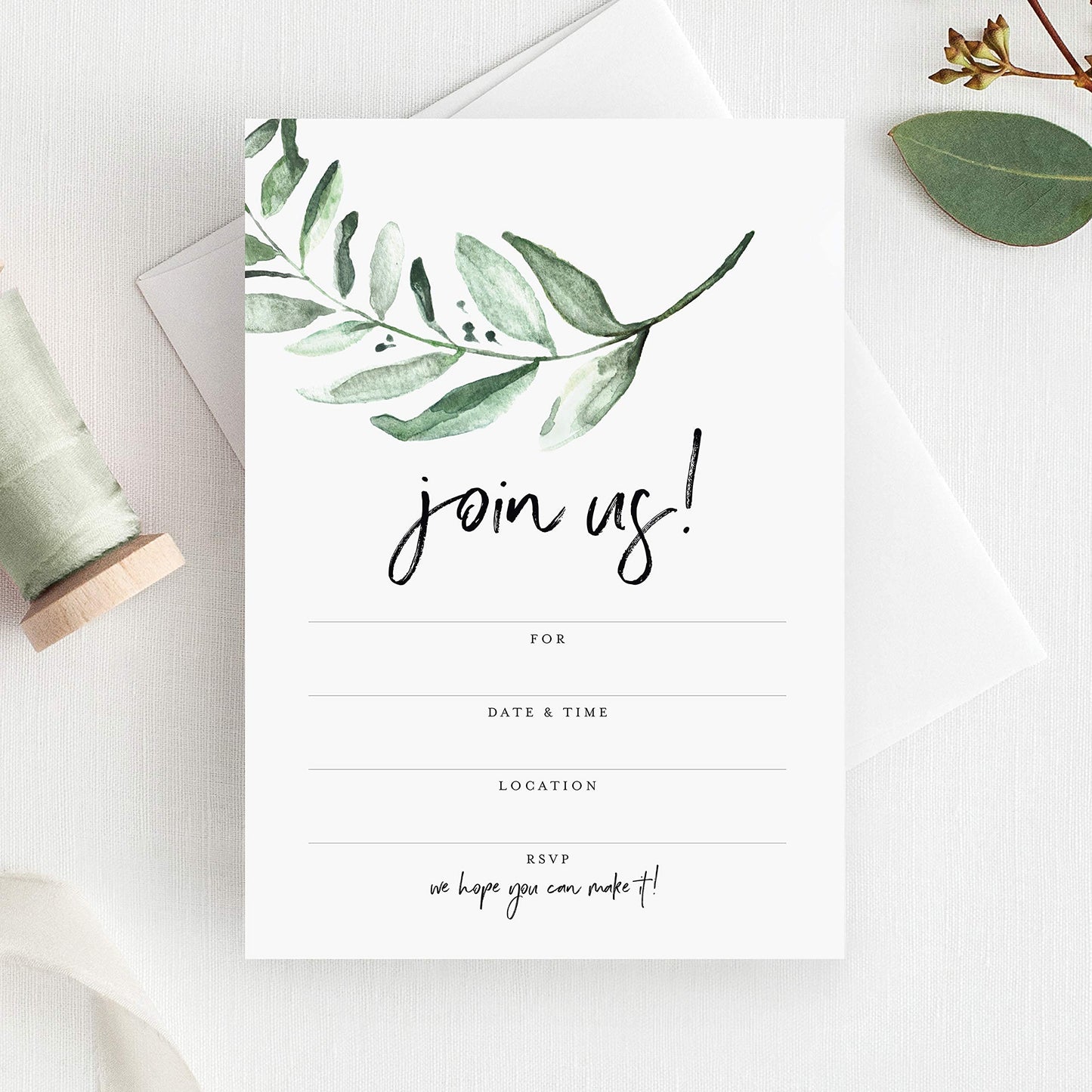 Bliss Collections 25 Invitations With Envelopes For All Occasions, Greenery Invites Perfect For: Weddings, Bridal Showers, Engagement, Birthday Party Or Special Event, Fill In Rustic Invites