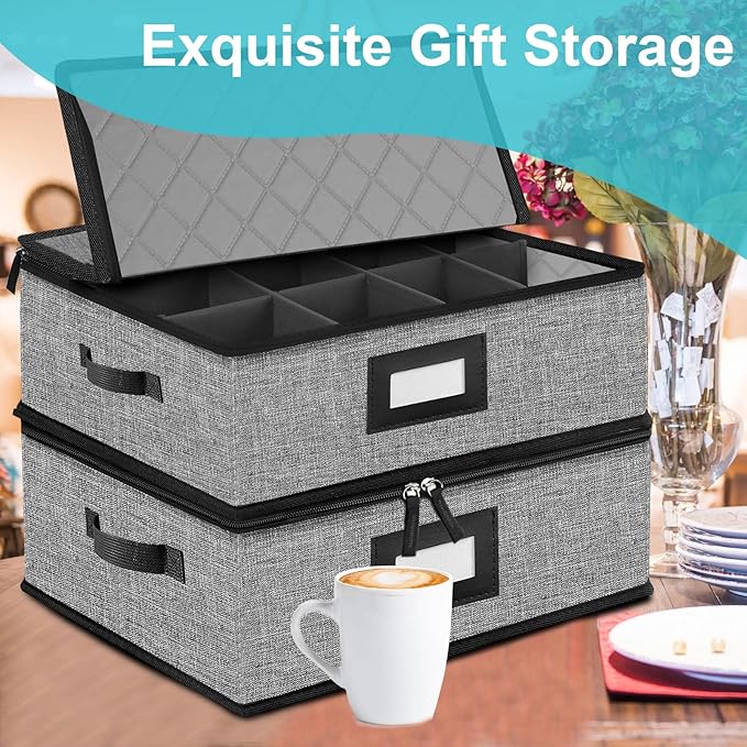2PACK Quilted Mug Cup Storage Box-China Storage Containers Hard Shell,Cup Storage Containers with Lid for Moving Transport,Kichen Dinnerware Storage