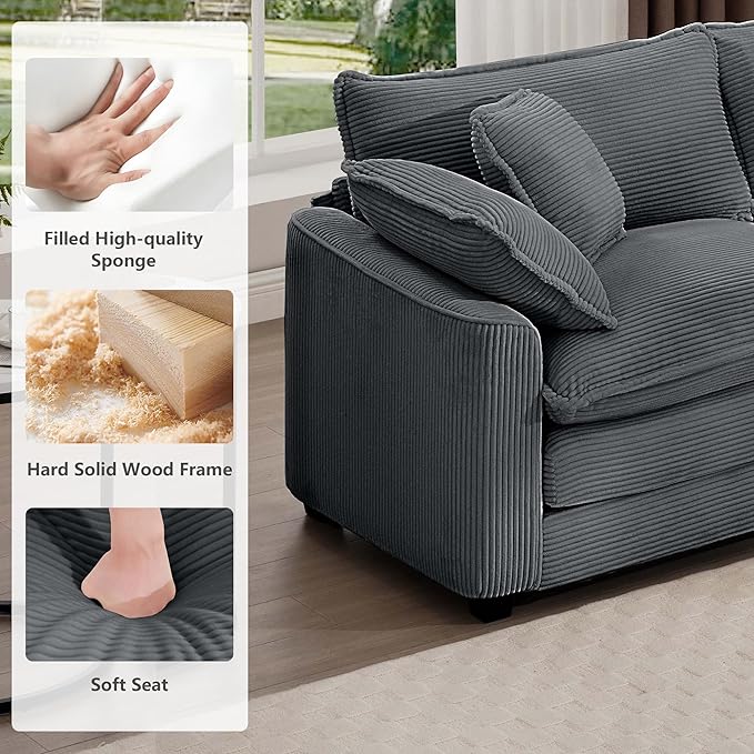 mikibama Luxury 3 Piece Sofa Set, Loveseat Couch & 2 Single Sofa Set, Modern Corduroy Comfy Cloud Couches Set for Living Room Office with 2 Armrest Pillows and 4 Toss Pillows, Grey