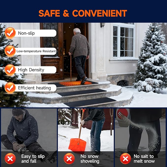 Snow Melting Mats Outdoor 10x30 Inch, Double No-Slip Rubber Heated Driveway Mats for Winter Snow Removal, 2 in/h Ice Melting Mats with Power Cord for Stairs, Walkways, Decks & Sidewalks,1PC